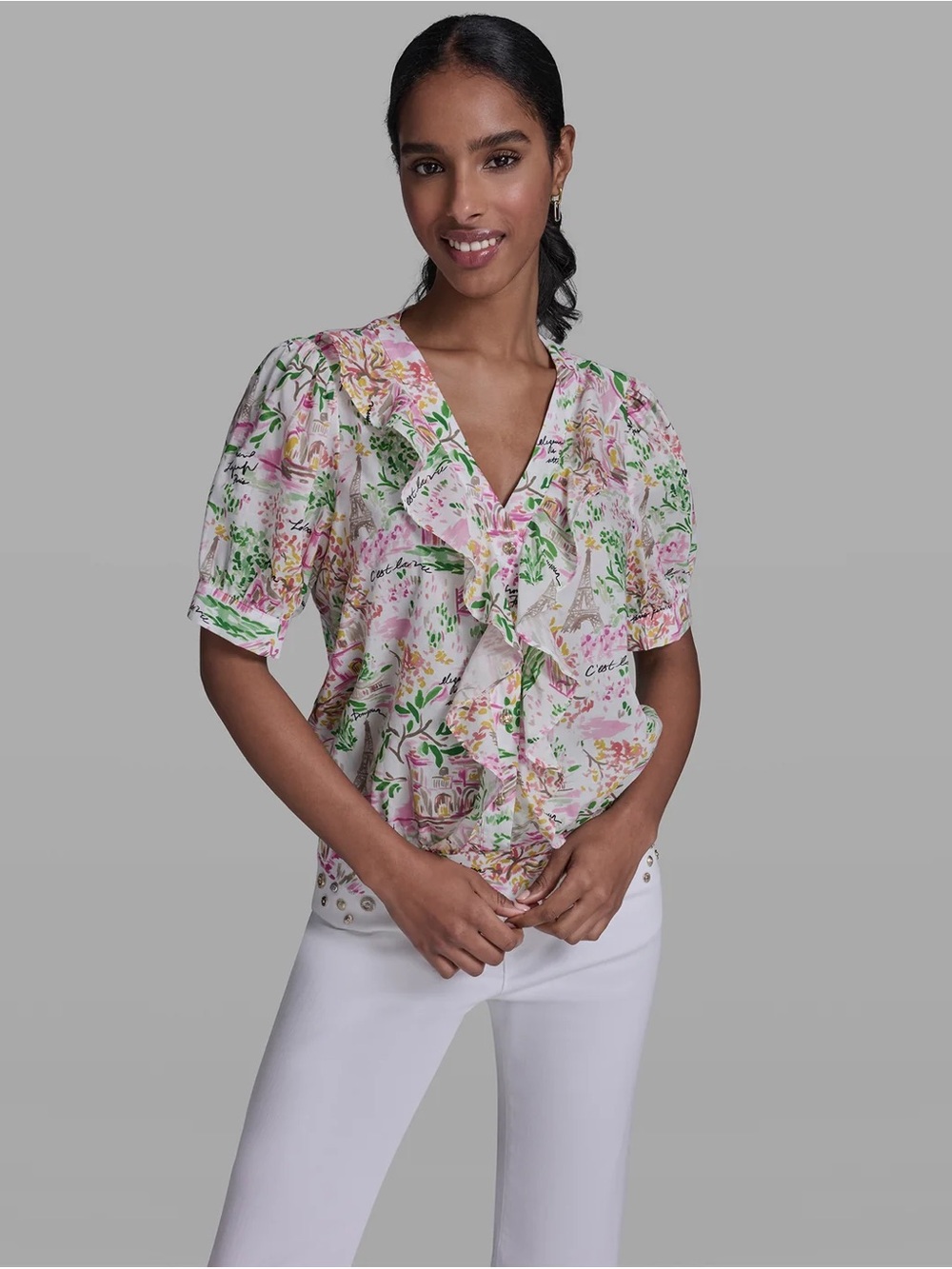 Karl Lagerfeld Floral Ruffle Short-Sleeve Top in Pink & Green